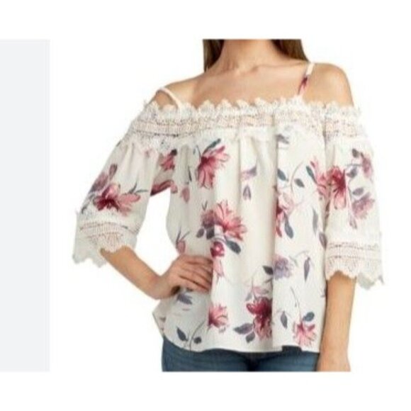 NWT By & By Floral Print Cami Blouse SZ Small Lace Trim White Pink Navy - Picture 11 of 11